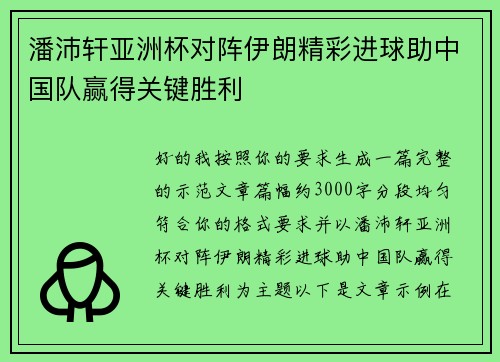 潘沛轩亚洲杯对阵伊朗精彩进球助中国队赢得关键胜利 潘沛轩亚洲杯对阵伊朗精彩进球助中国队赢得关键胜利